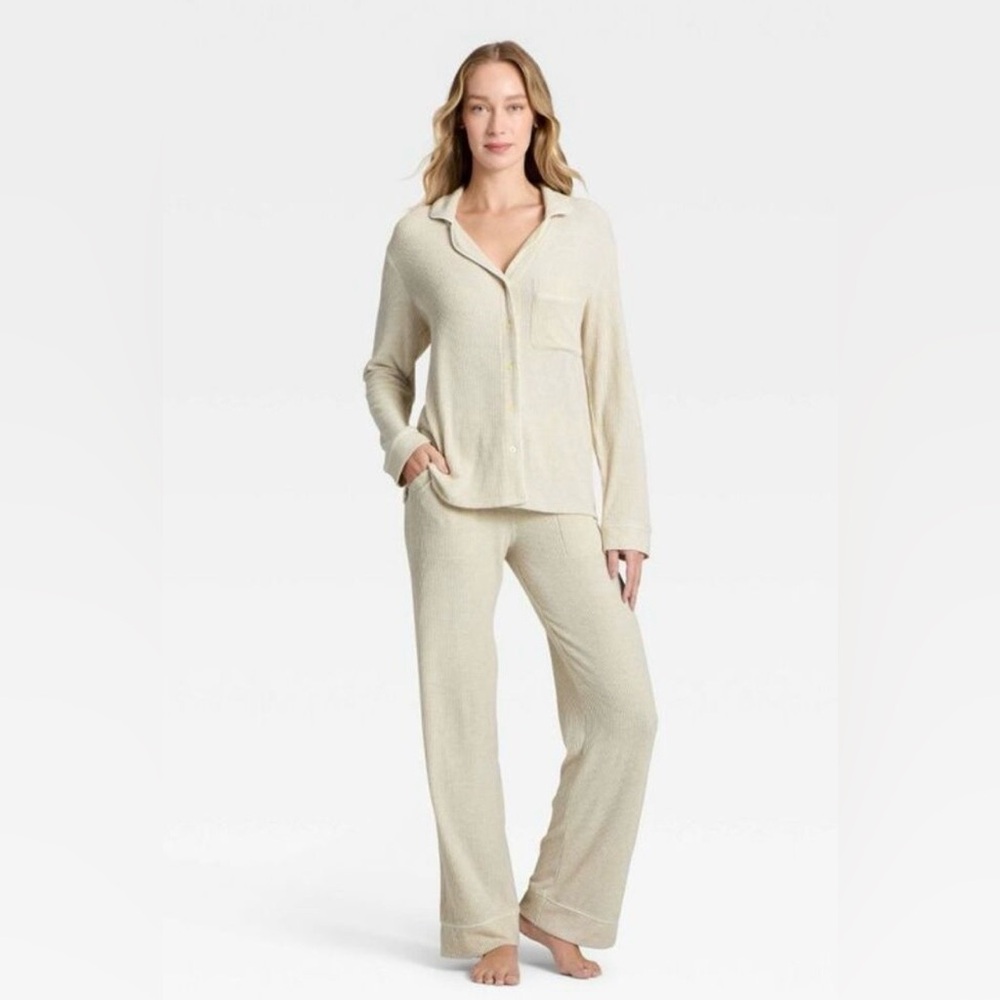 NWT Auden Women's Cozy Ribbed Long Sleeve & Pants Pajama Set Oatmeal XL